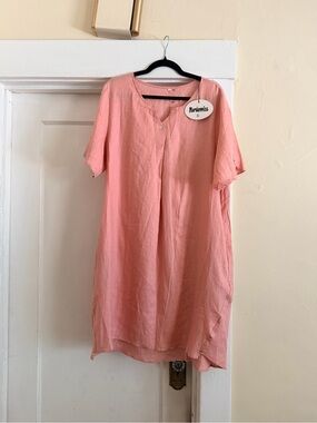 Mordenmiss Coral Pink Linen Tunic Dress - Relaxed Short Sleeve